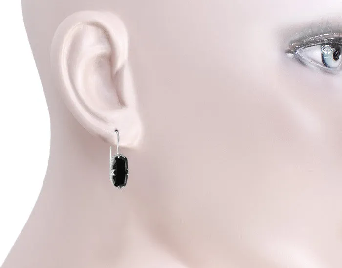 Simple Filigree Cushion Cut Black Onyx Earrings in Sterling Silver - Art Deco