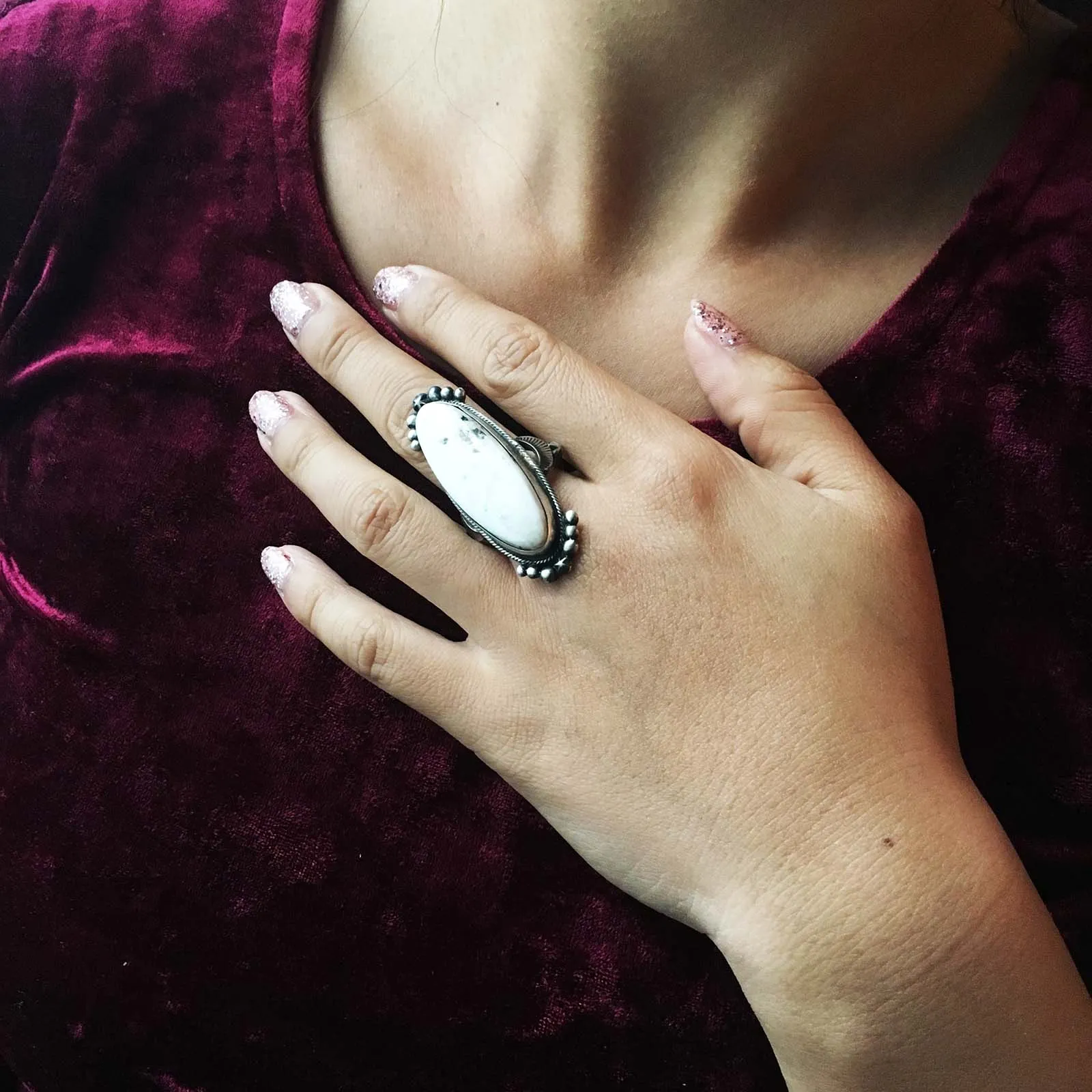 Simple Long White Buffalo Turquoise Sterling Ring Signed Bobby Johnson Size 6.5