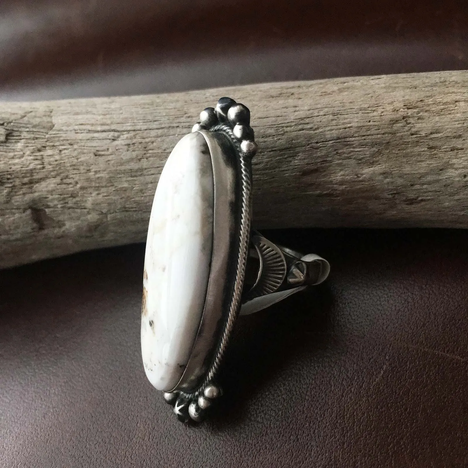 Simple Long White Buffalo Turquoise Sterling Ring Signed Bobby Johnson Size 6.5