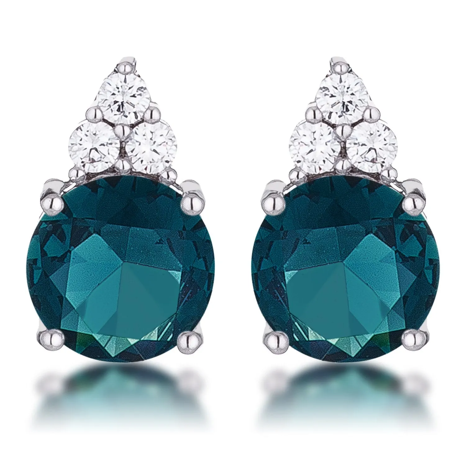 Simple Rhodium Plated 9mm Blue Green CZ Stud Earring