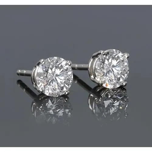 Simple Round Stud Earring Natural Earth Mined Diamond White Gold 14K 2 Carats