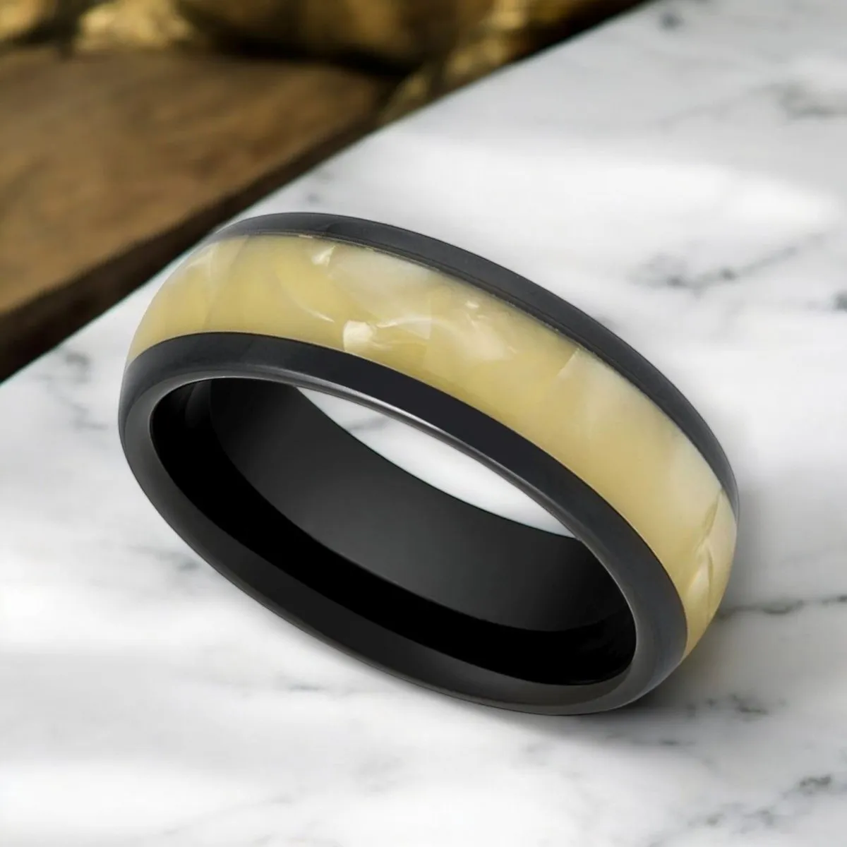 SOLSTICE | Black Tungsten Ring, Golden Mother of Pearl Inlay