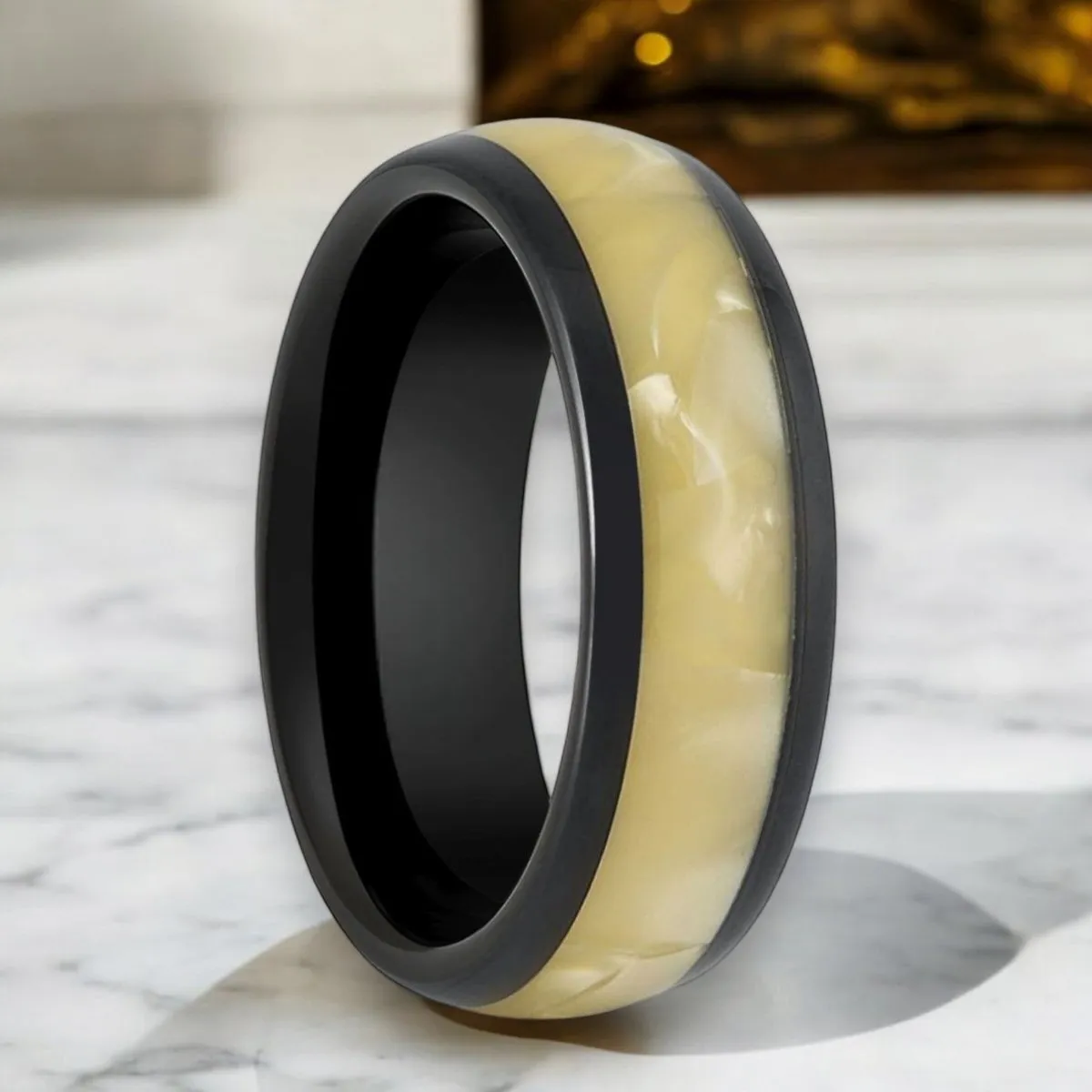 SOLSTICE | Black Tungsten Ring, Golden Mother of Pearl Inlay