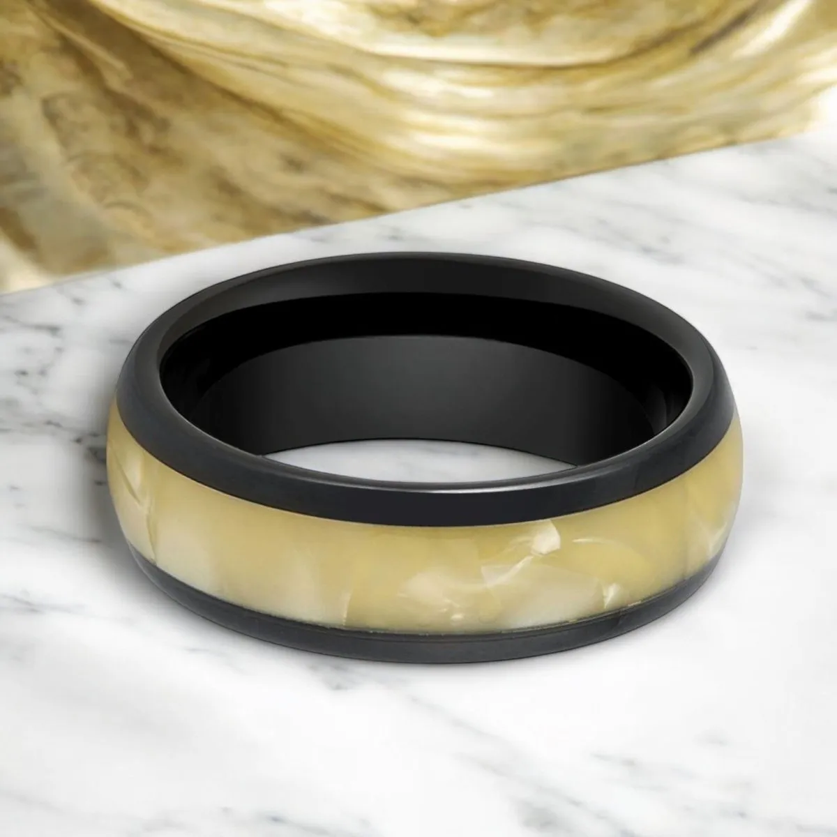 SOLSTICE | Black Tungsten Ring, Golden Mother of Pearl Inlay