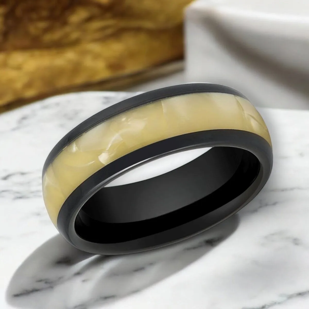 SOLSTICE | Black Tungsten Ring, Golden Mother of Pearl Inlay