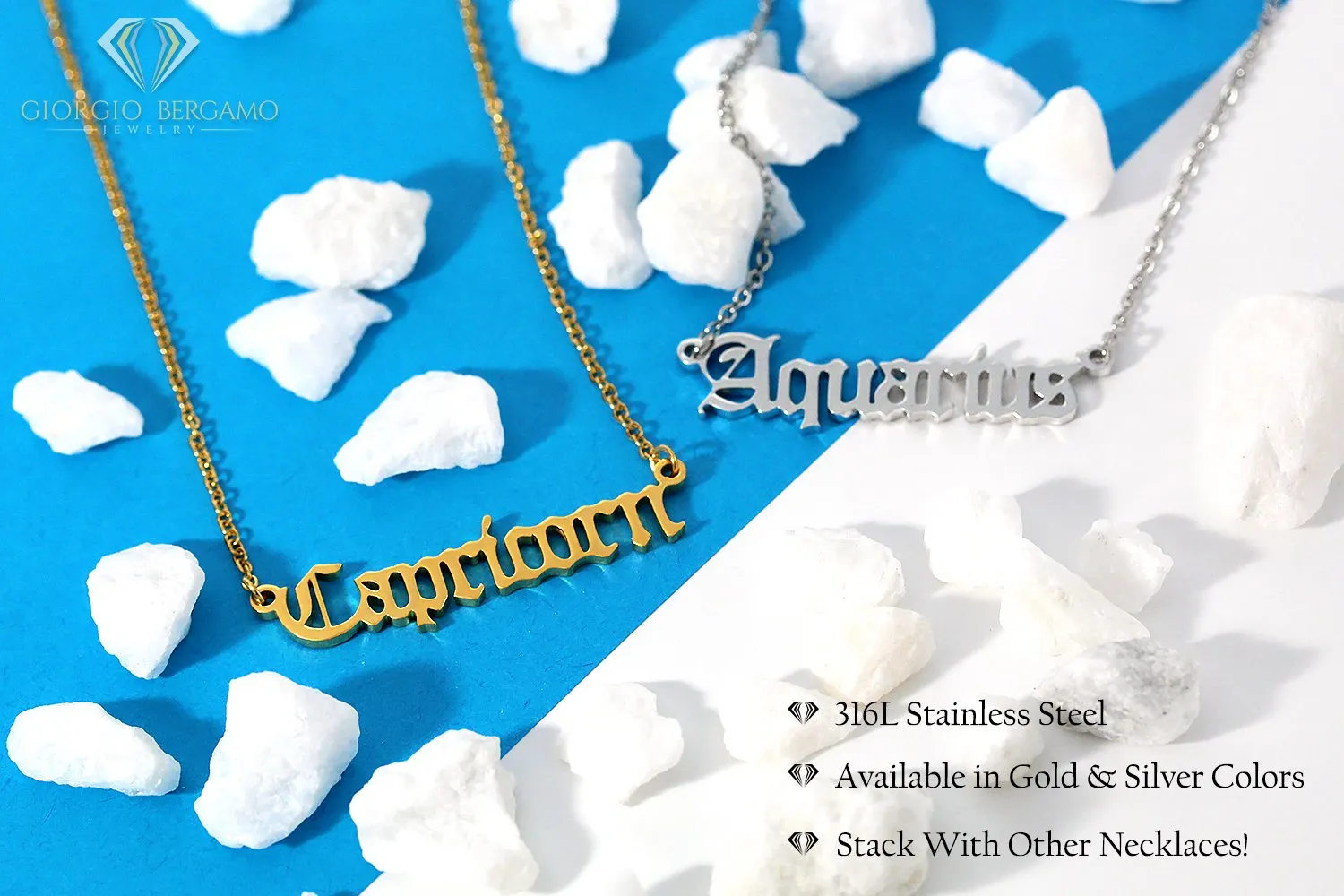 Stainless Steel 12 Zodiac Old English, Nameplate Pendant Necklace