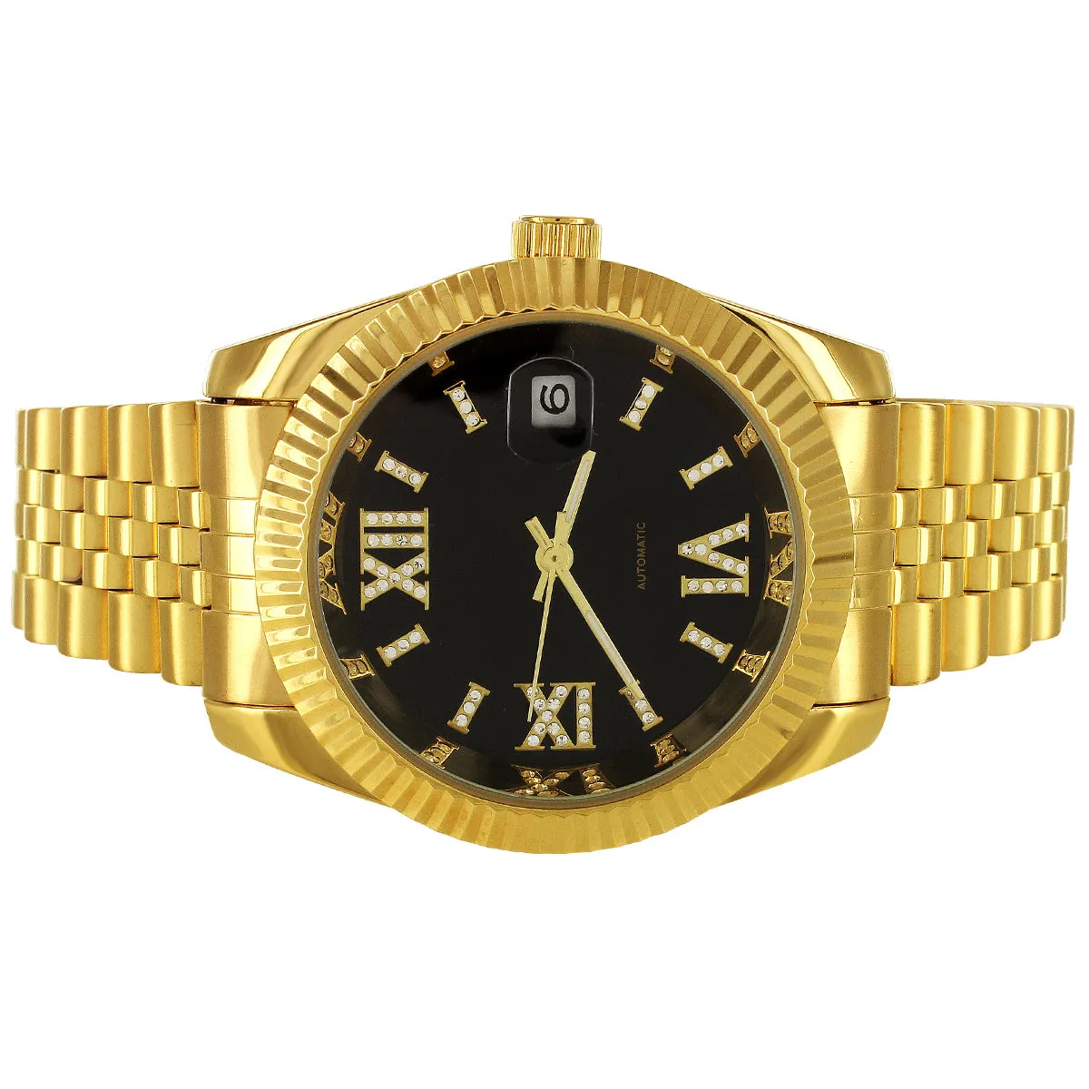 Stainless Steel Icy Roman Dial Date Gold Tone Automatic Watch