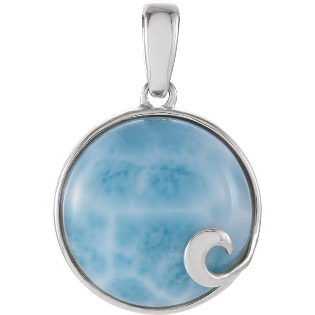 Sterling Silver Round Larimar Cabochon Wave 18" Necklace