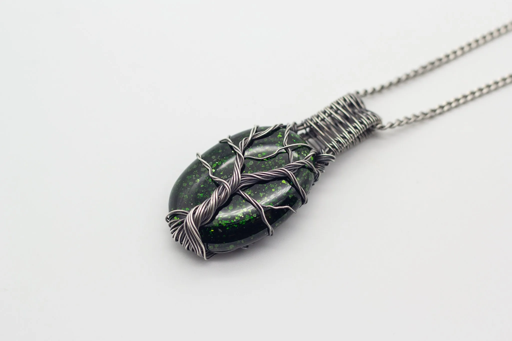 Sterling Silver Tree of Life Pendant with Glittery Dichroic Green Fused Glass