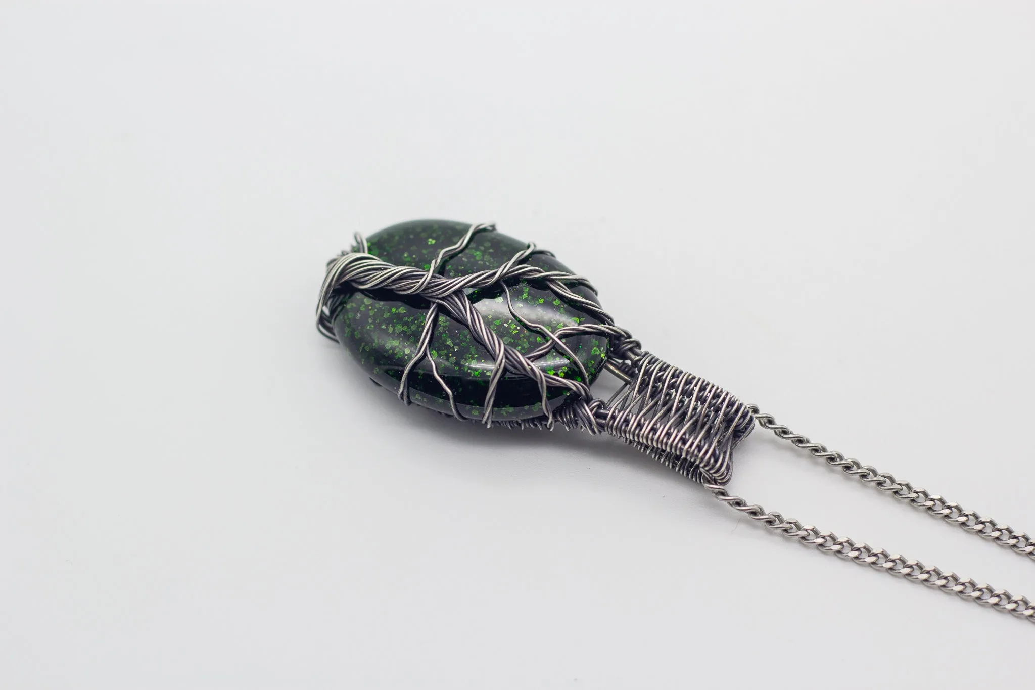 Sterling Silver Tree of Life Pendant with Glittery Dichroic Green Fused Glass