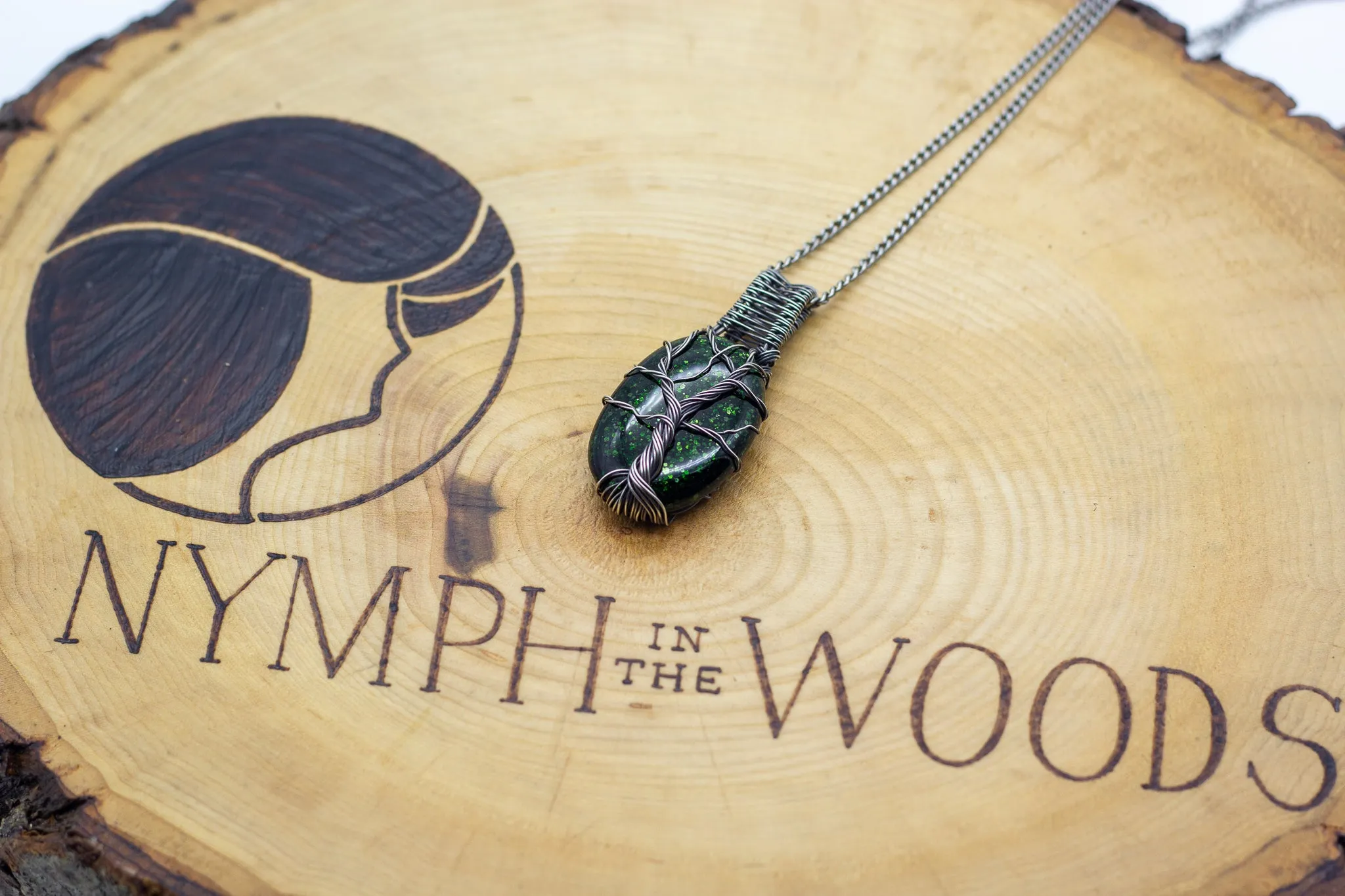 Sterling Silver Tree of Life Pendant with Glittery Dichroic Green Fused Glass