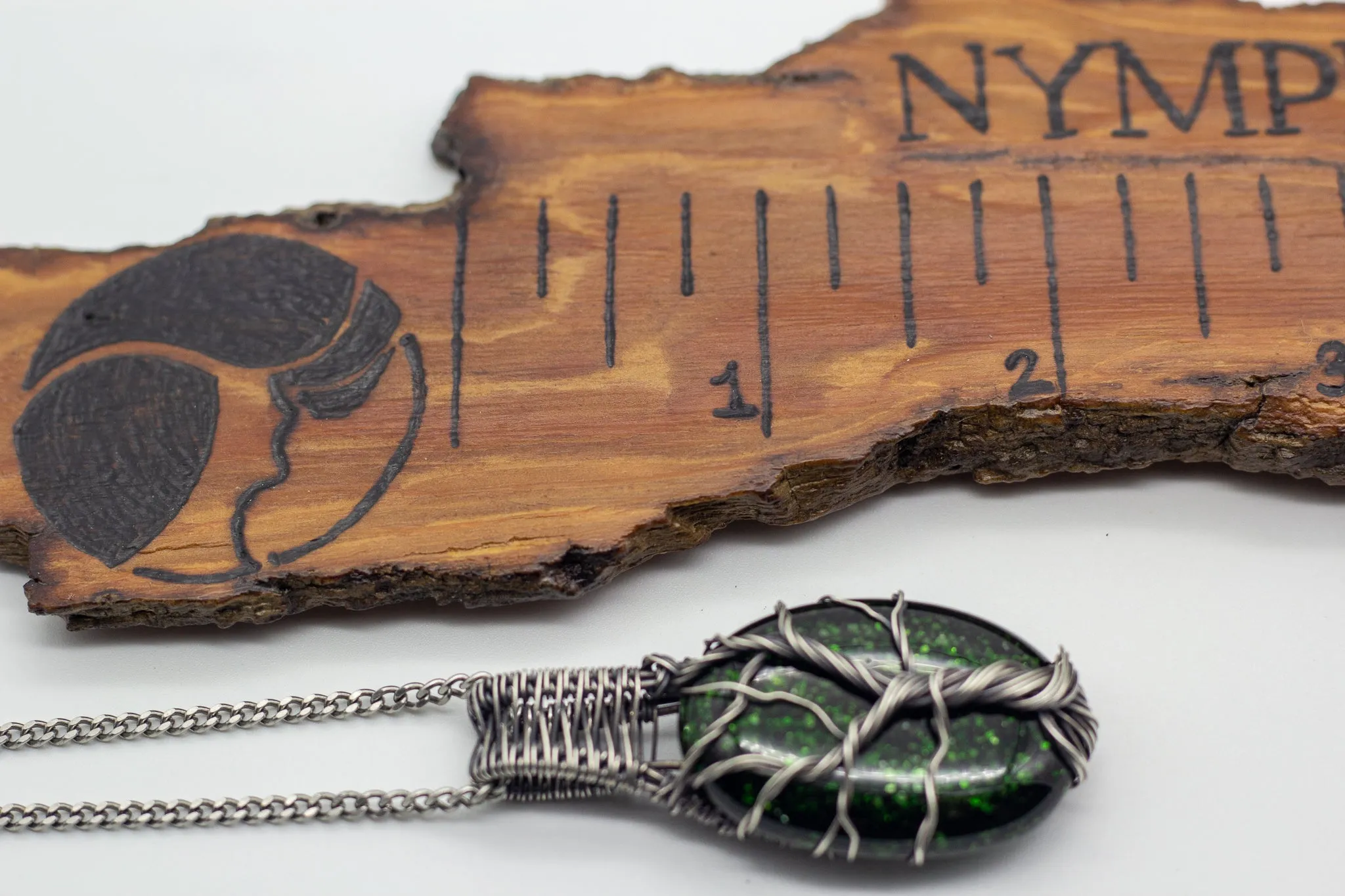 Sterling Silver Tree of Life Pendant with Glittery Dichroic Green Fused Glass