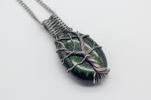 Sterling Silver Tree of Life Pendant with Glittery Dichroic Green Fused Glass