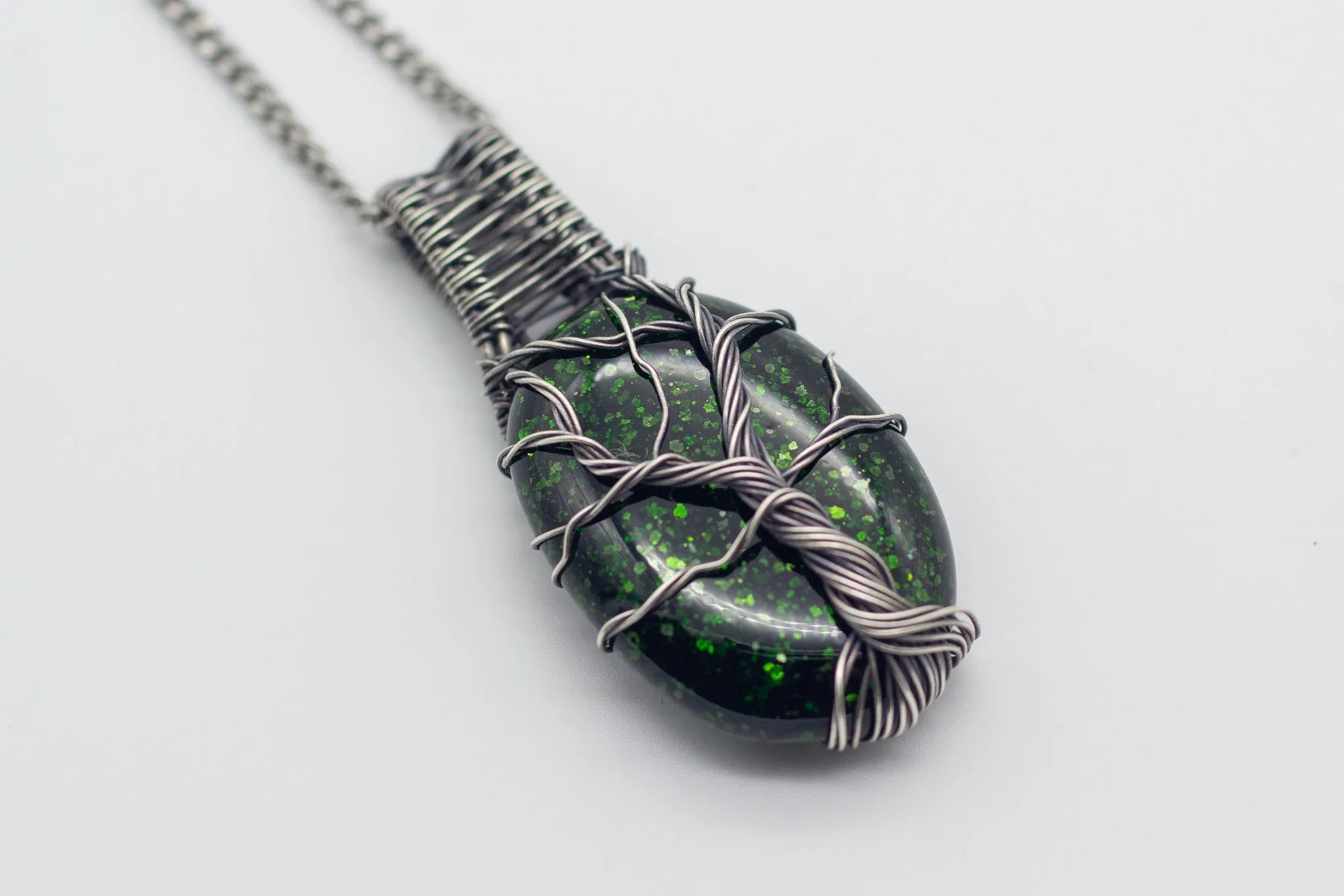 Sterling Silver Tree of Life Pendant with Glittery Dichroic Green Fused Glass