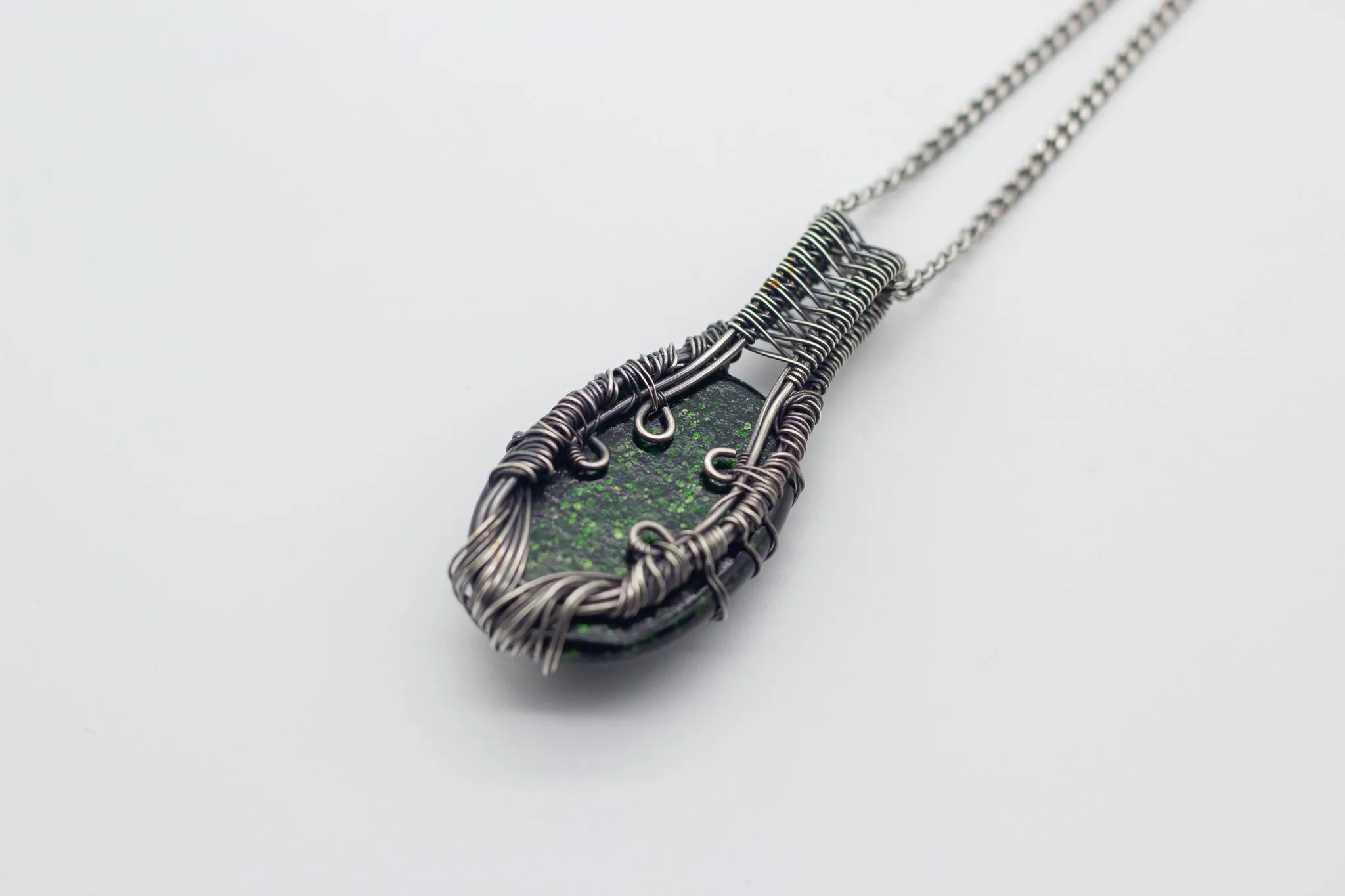 Sterling Silver Tree of Life Pendant with Glittery Dichroic Green Fused Glass