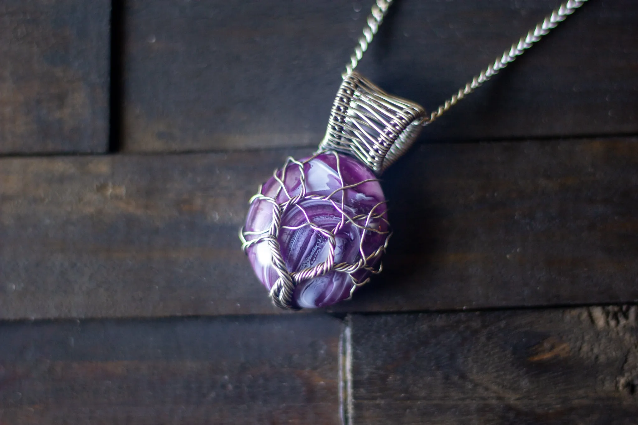 Sterling Silver Tree of Life Pendant with Purple and White Fused Glass