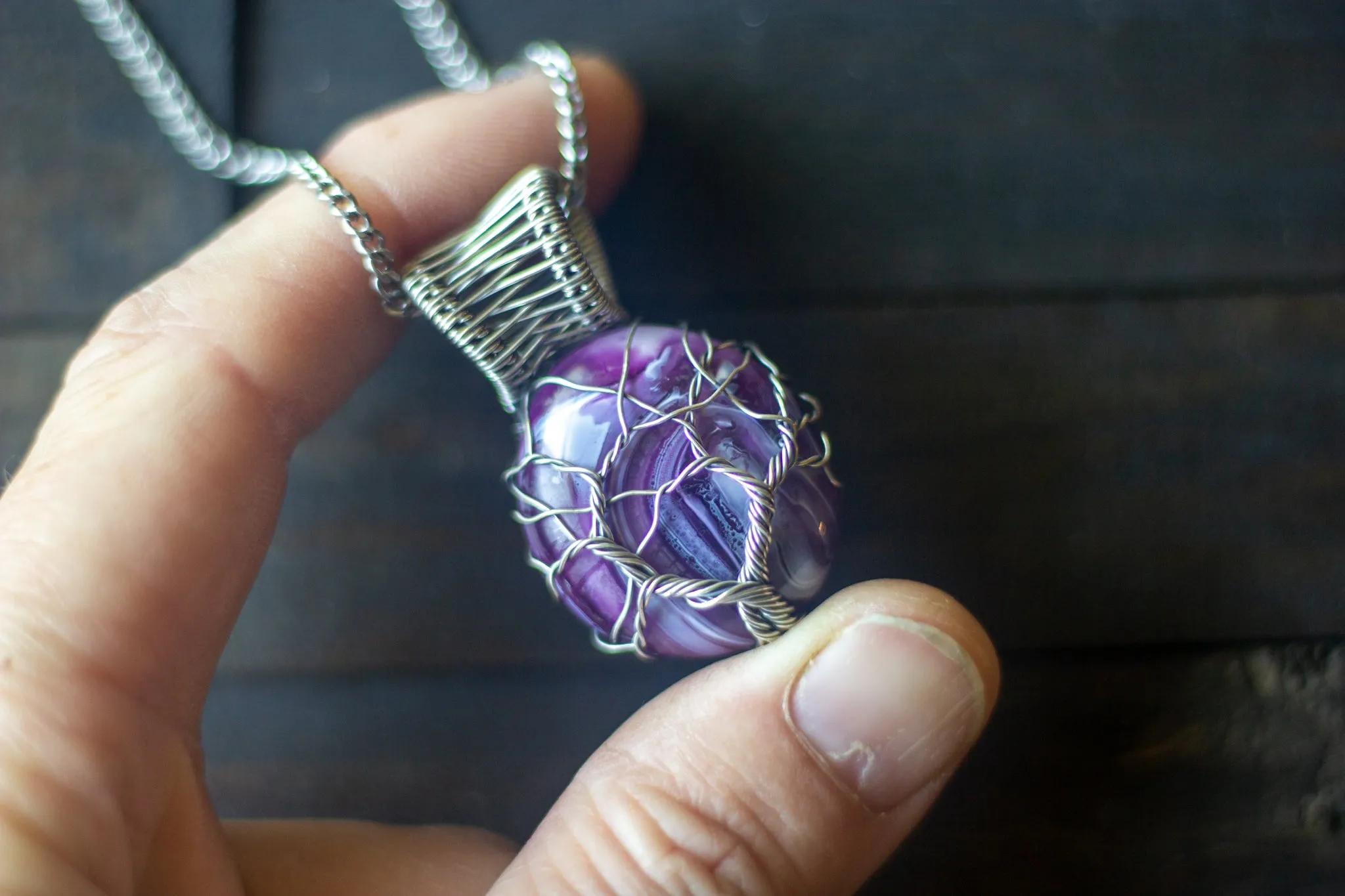 Sterling Silver Tree of Life Pendant with Purple and White Fused Glass