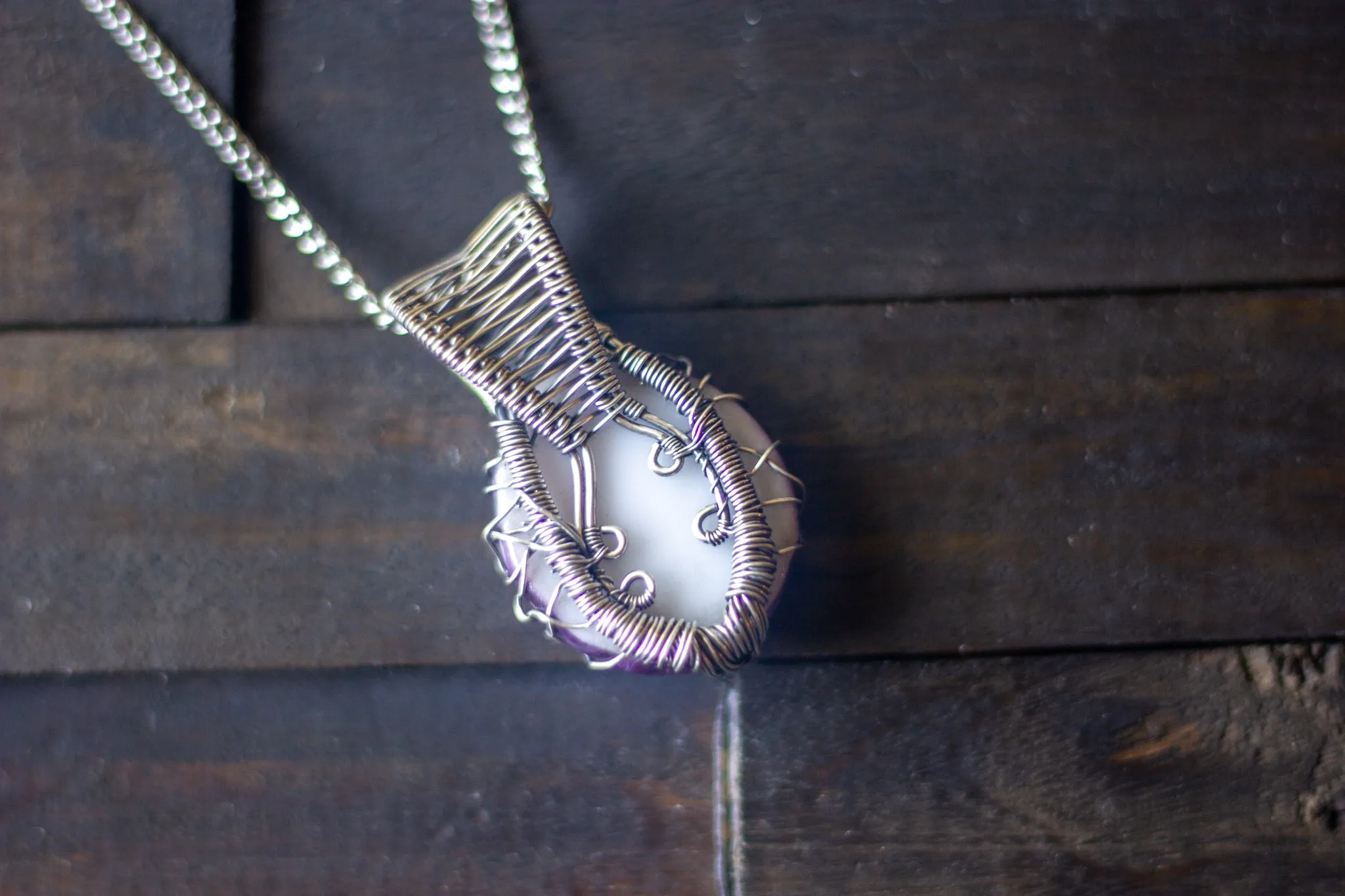 Sterling Silver Tree of Life Pendant with Purple and White Fused Glass