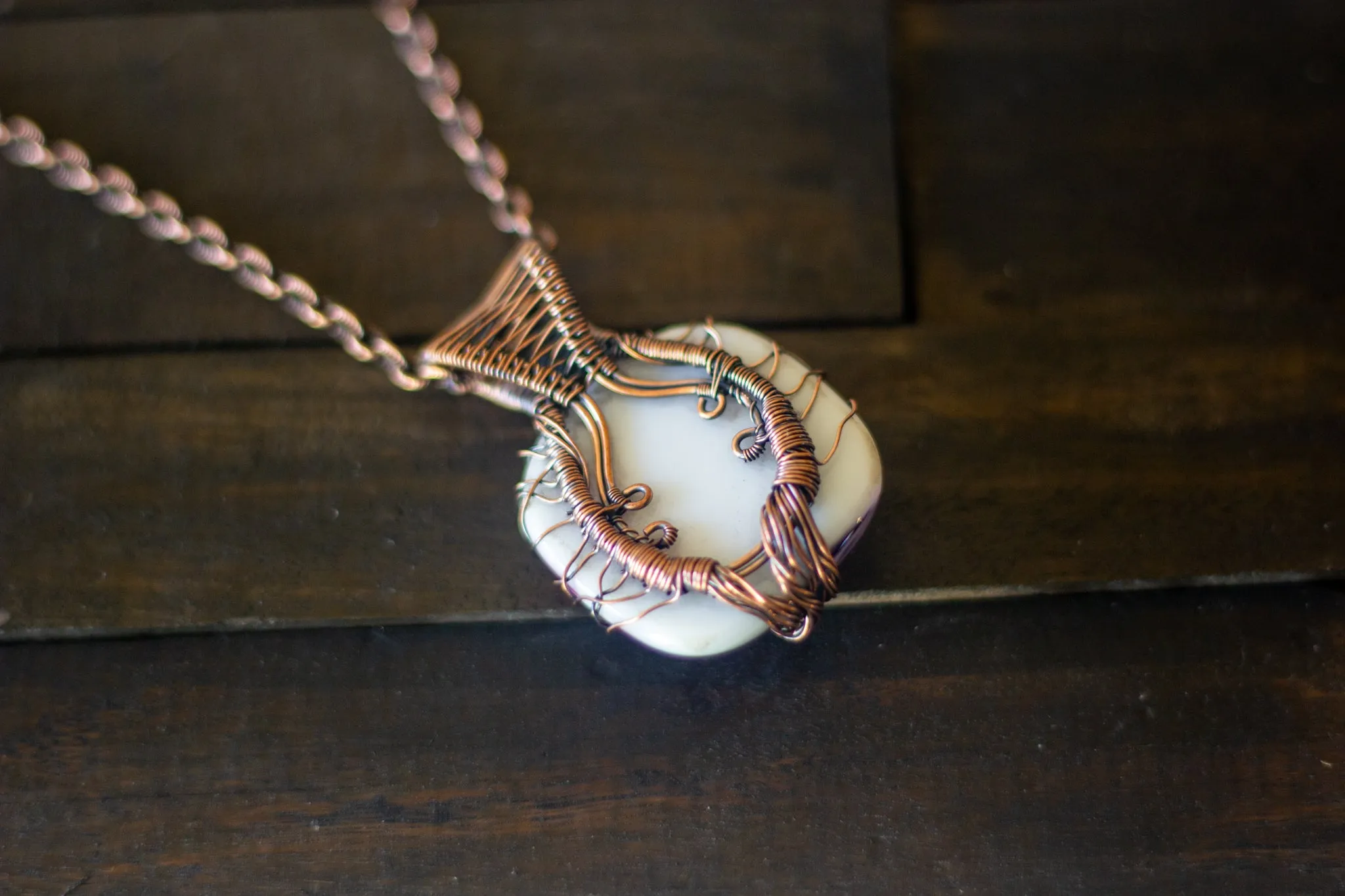 Streaked Pink, Cream, and Purple Fused Glass Pendant with Copper Tree of Life