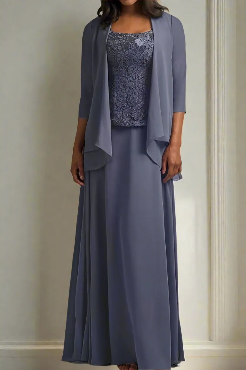 Three Piece Square Neck Floor Length A-Line Mother of the Bride Dress