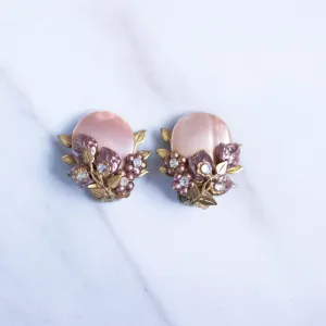 Vintage Champagne Mother of Pear Disc with Bronze Leaves and Diamante Rhinestone Earrings