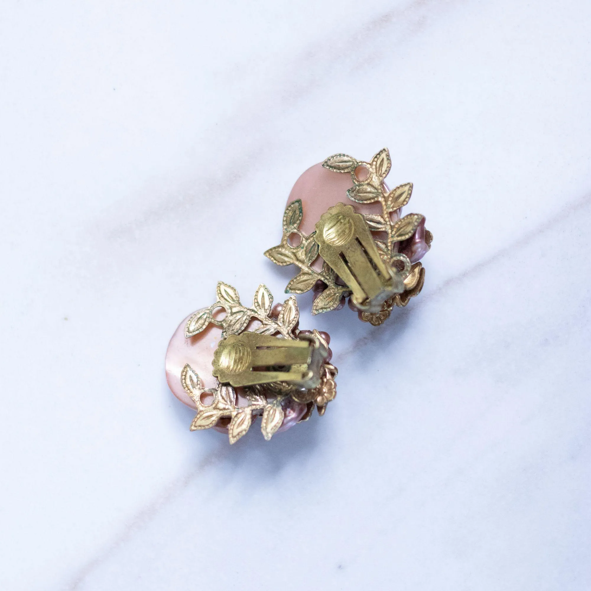 Vintage Champagne Mother of Pear Disc with Bronze Leaves and Diamante Rhinestone Earrings