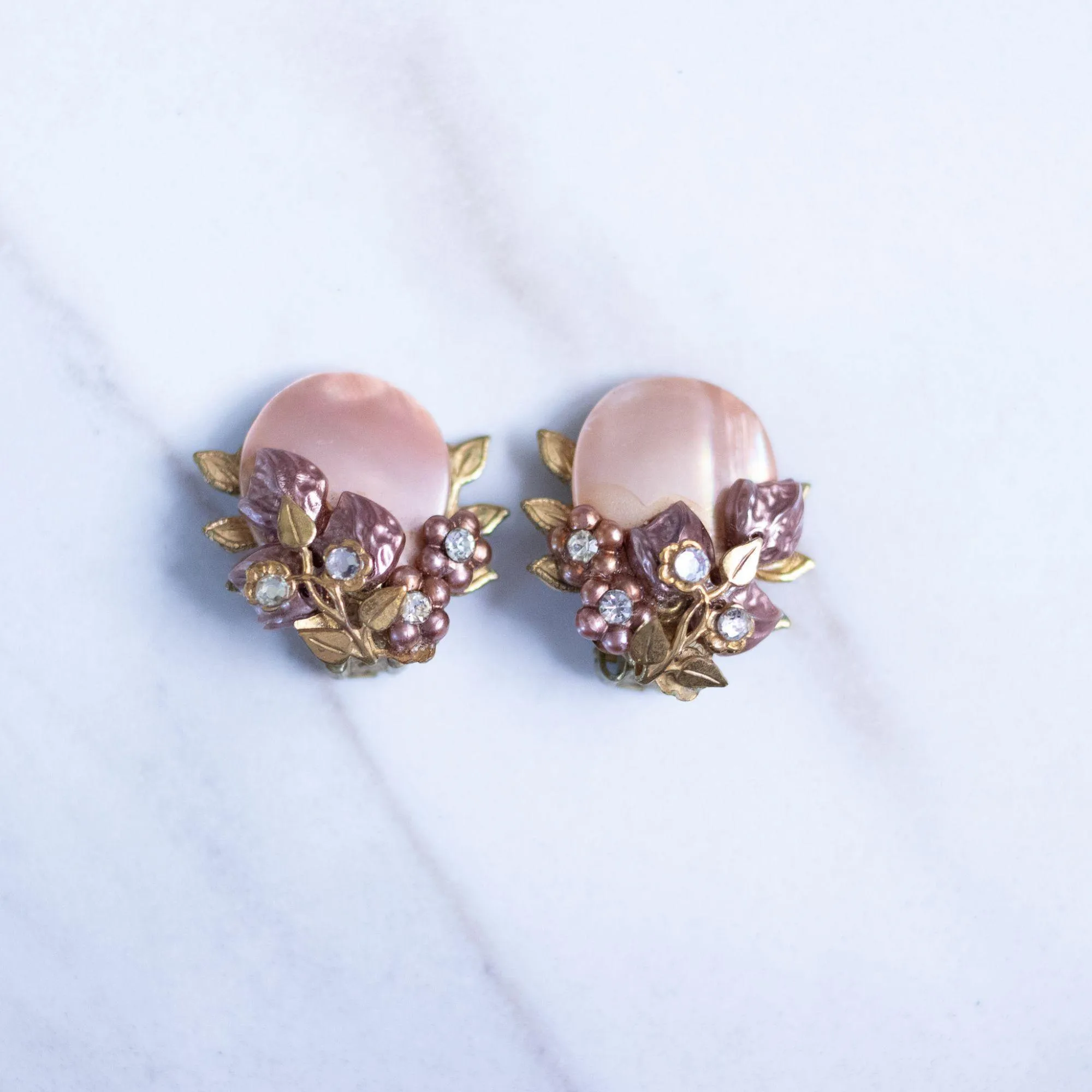 Vintage Champagne Mother of Pear Disc with Bronze Leaves and Diamante Rhinestone Earrings