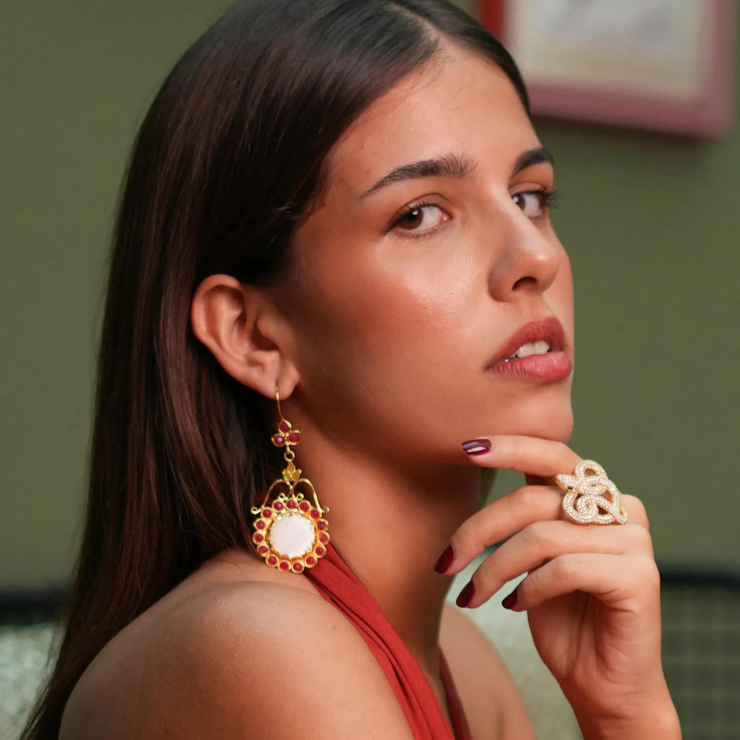 Vintage Red & White Floral Chunky Earrings