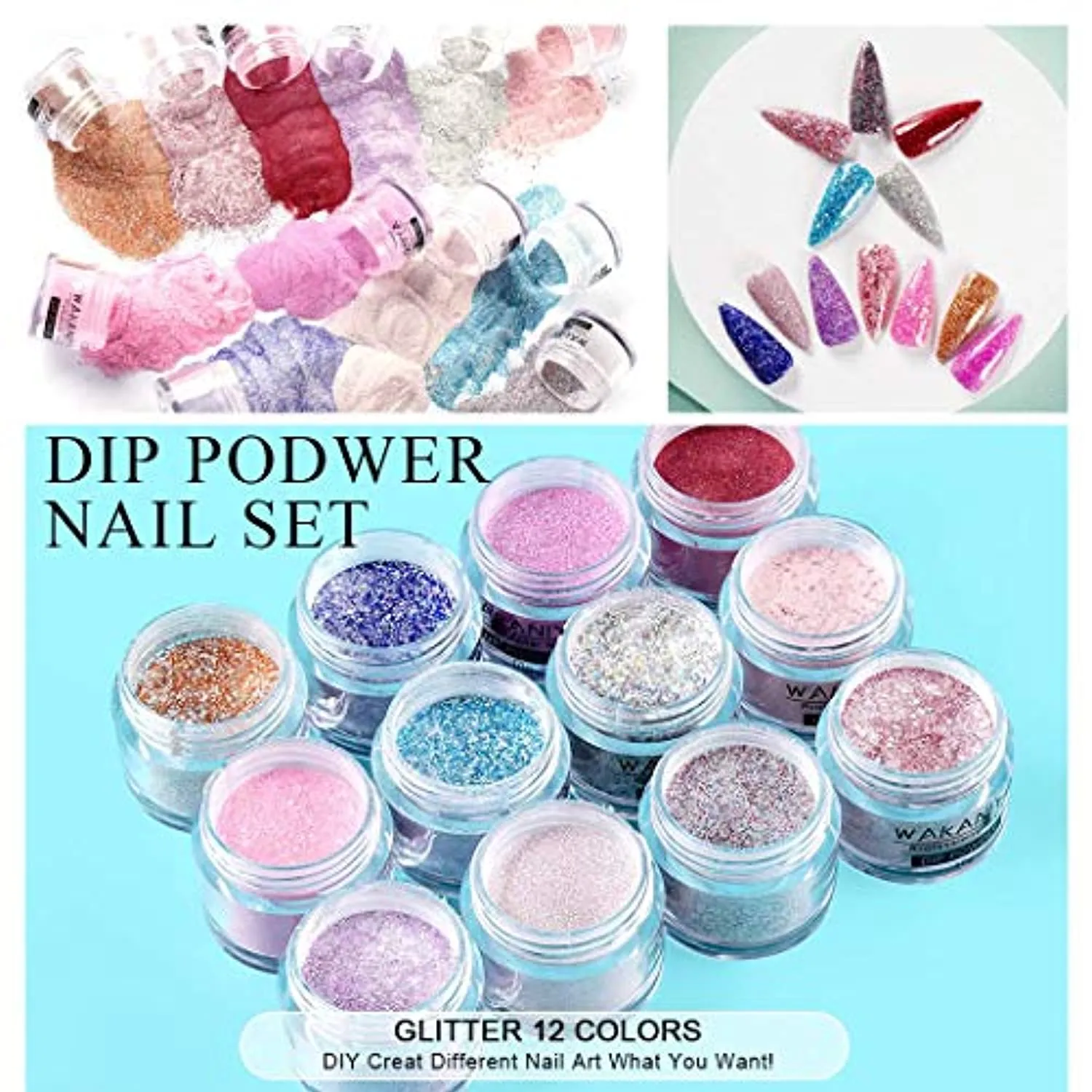 wakaniya Dip Powder Nail Kit- 12 Colors Nail Powders with Base& Top Coat Activator
