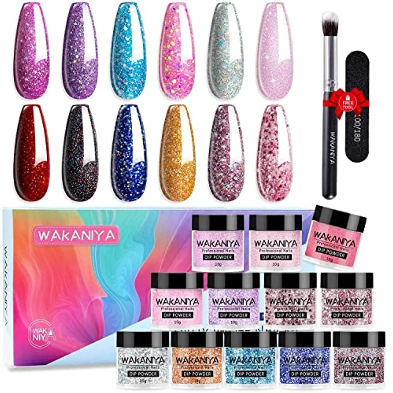 wakaniya Dip Powder Nail Kit- 12 Colors Nail Powders with Base& Top Coat Activator