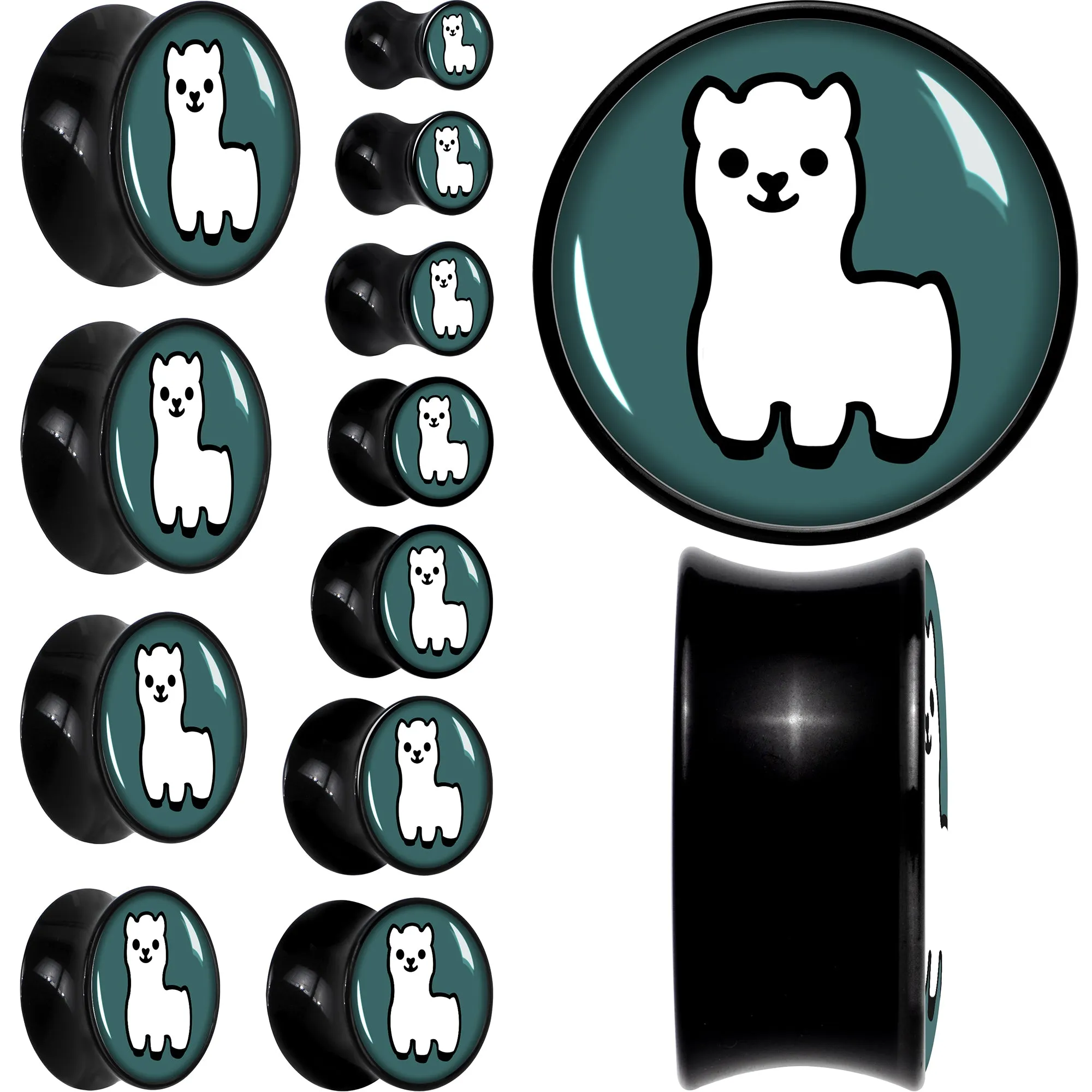 White Llama Black Acrylic Saddle Plug Set 8mm to 20mm