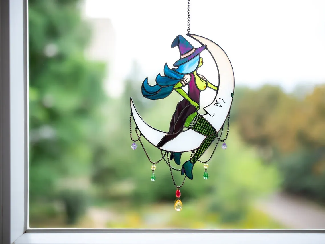🌜Witch on Moon Stained Glass Window Hangings 🖤