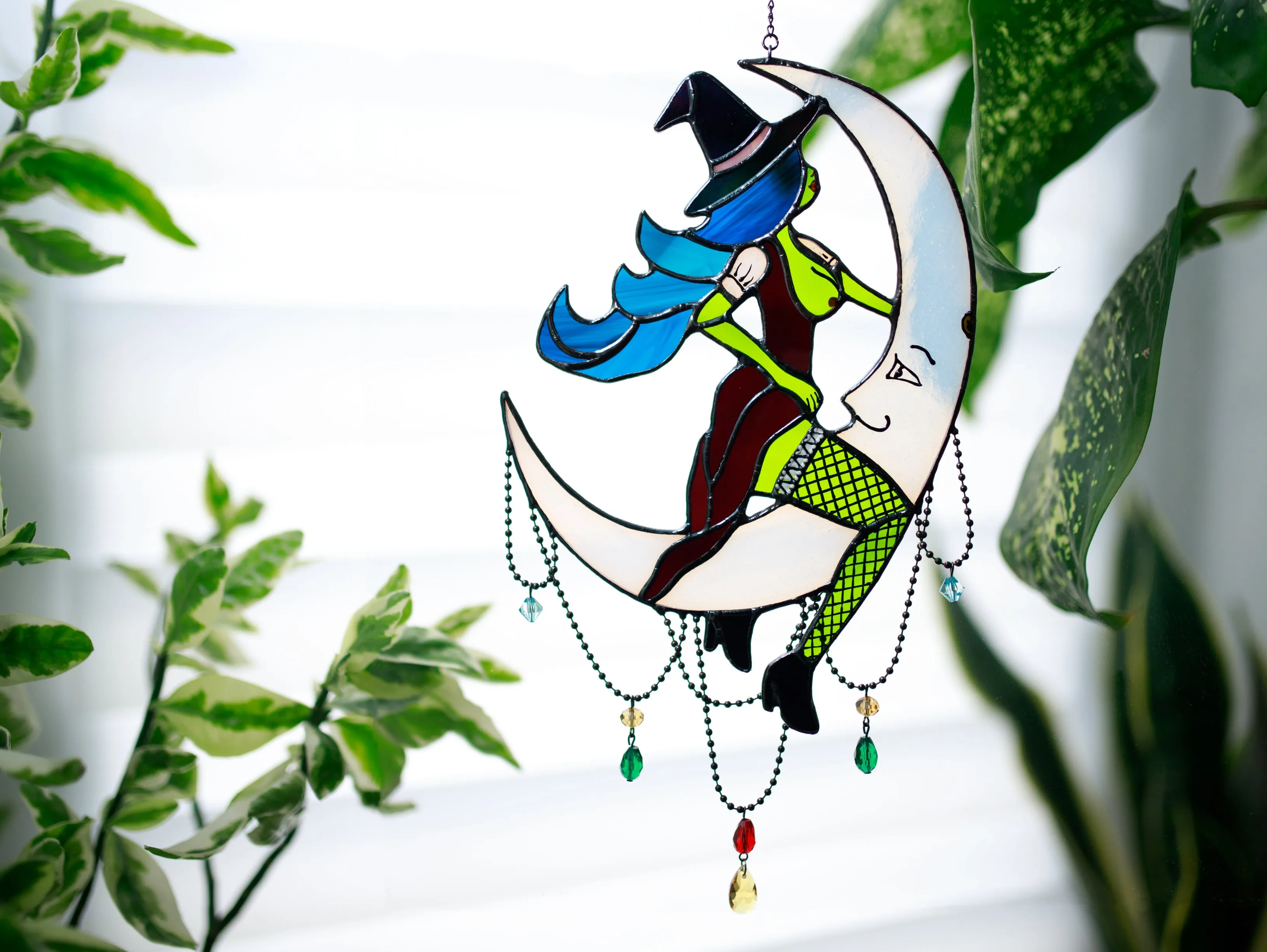 🌜Witch on Moon Stained Glass Window Hangings 🖤