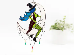 🌜Witch on Moon Stained Glass Window Hangings 🖤